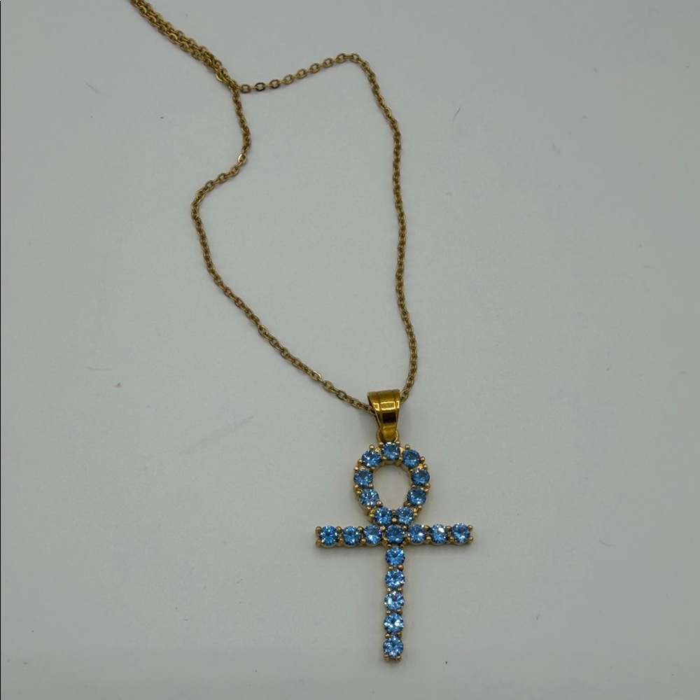 Gold Ankh Pendant Necklace with Blue Accents